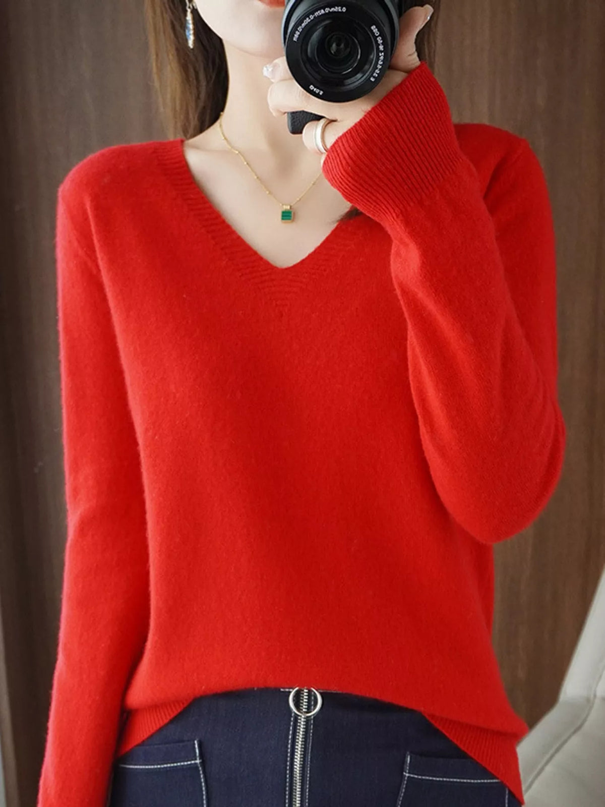 V-Neck Knit Sweater in red