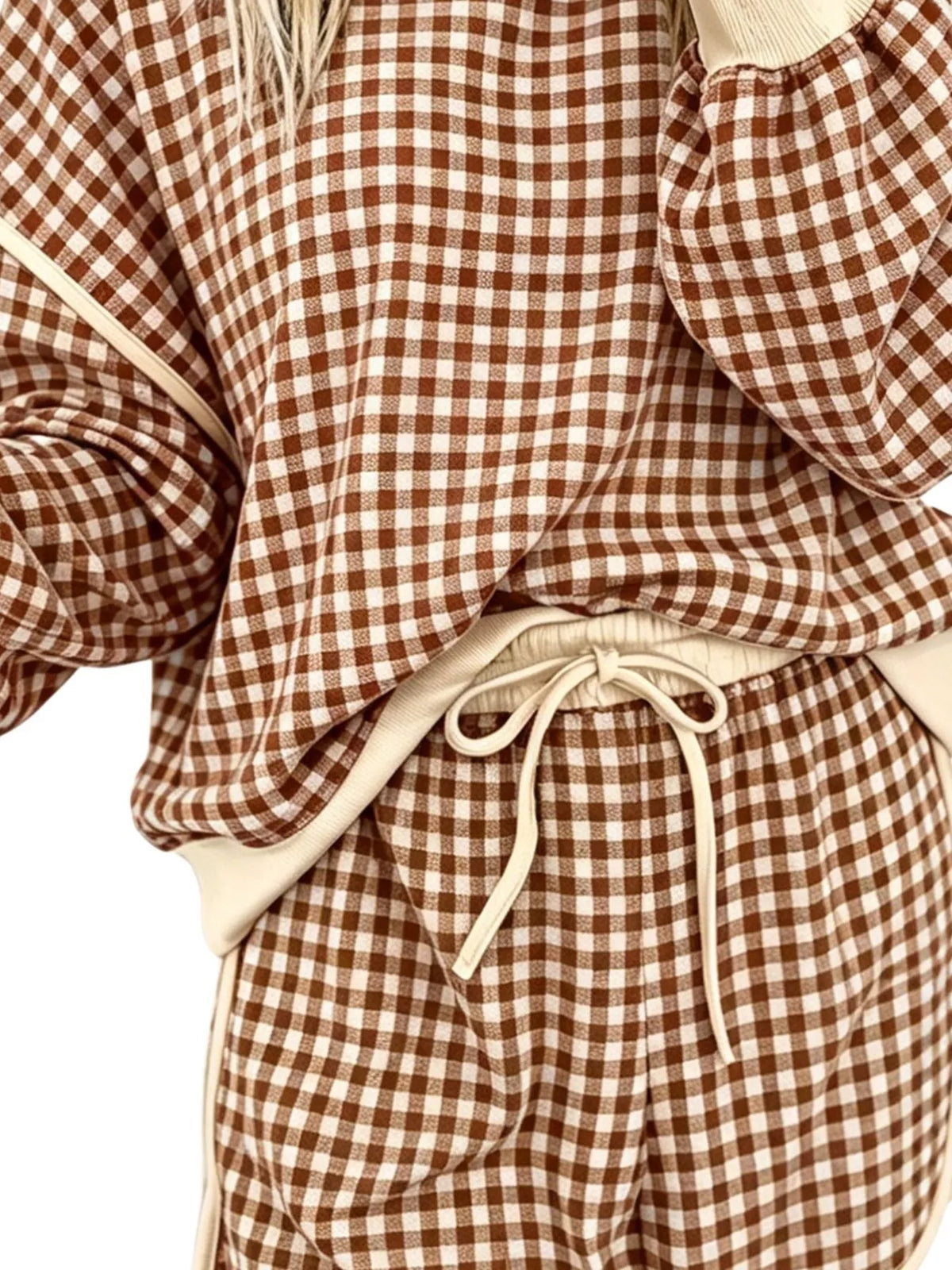 Plaid Long Sleeve Top and Shorts Set in brown, waist and cuff detail