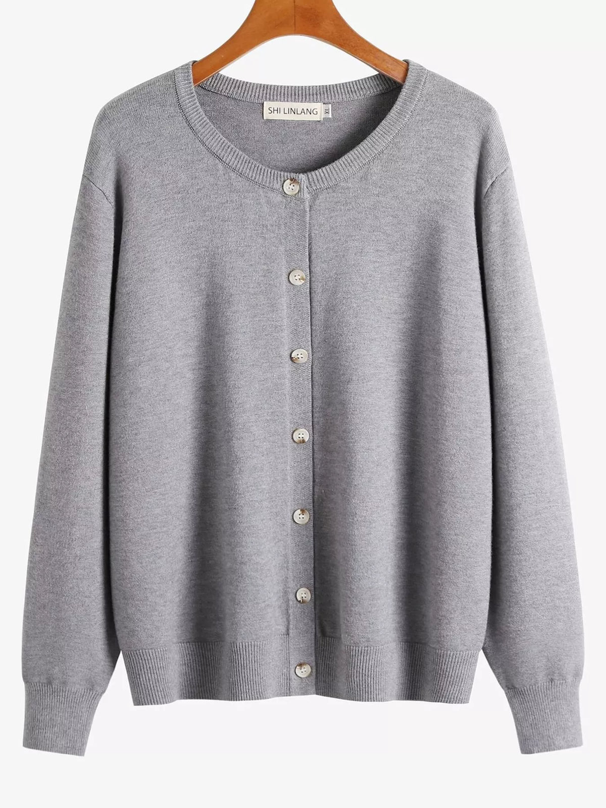 Gray crew neck button down knit cardigan, front view