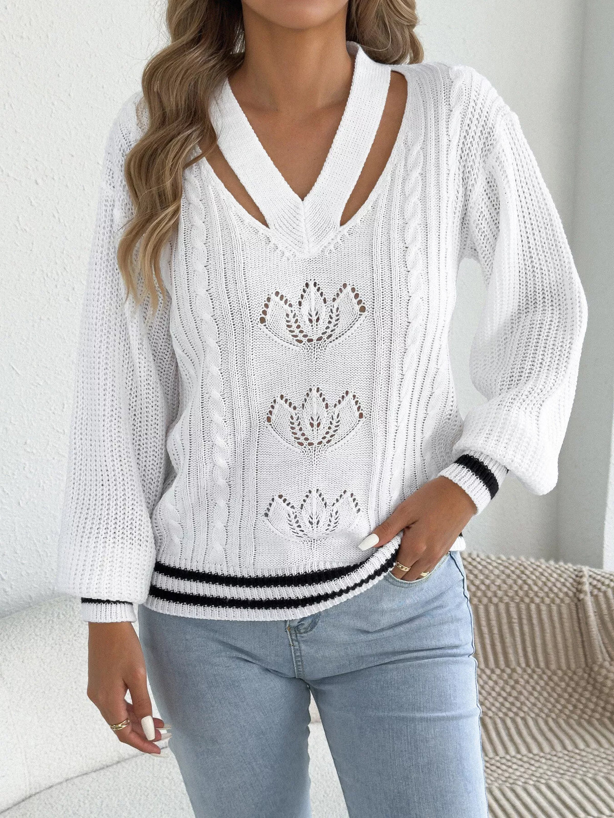 Cutout Cable Knit Sweater in white, front view