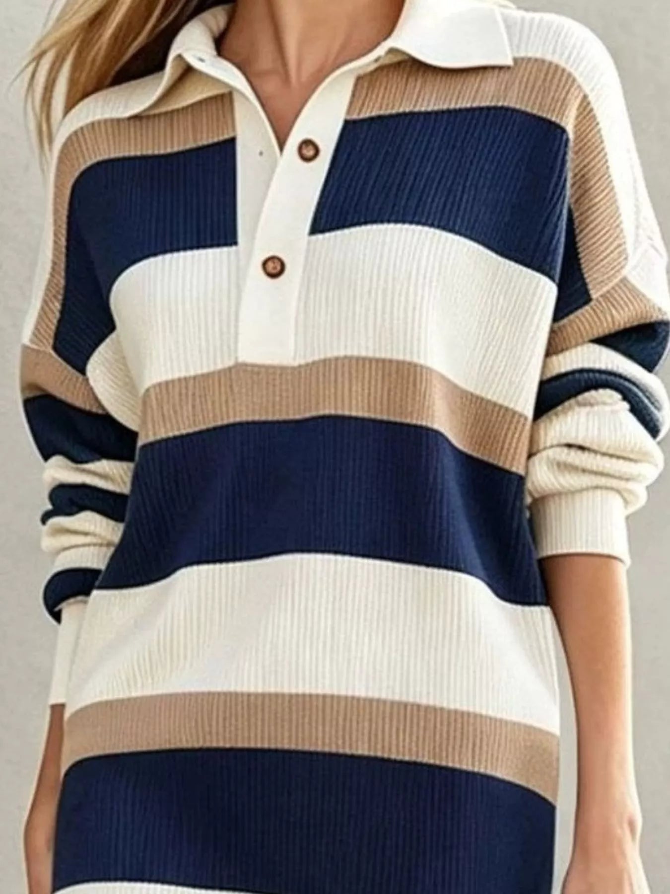 Trendsi Striped Polo Collar Long Sleeve Sweater Dress -