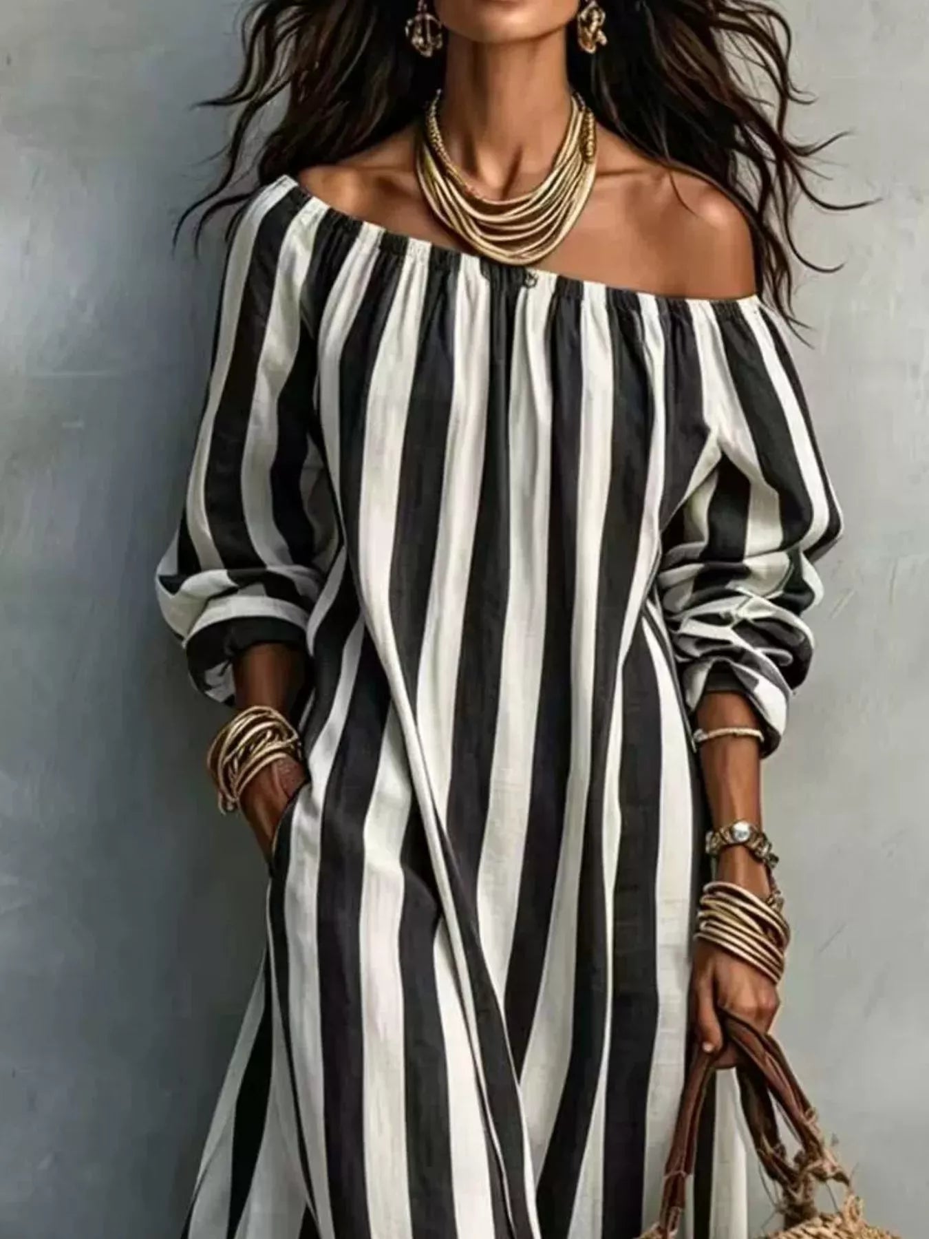 Trendsi Off-Shoulder Striped Dress with Pockets -
