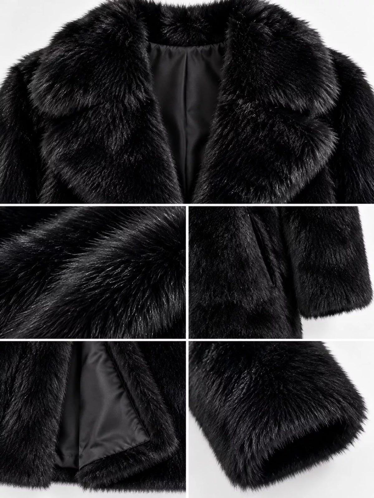 Faux Fur Longline Coat, detail view in black