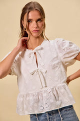 Trendsi SO ME Cotton Eyelet Front Tie Short Sleeves Blouse -