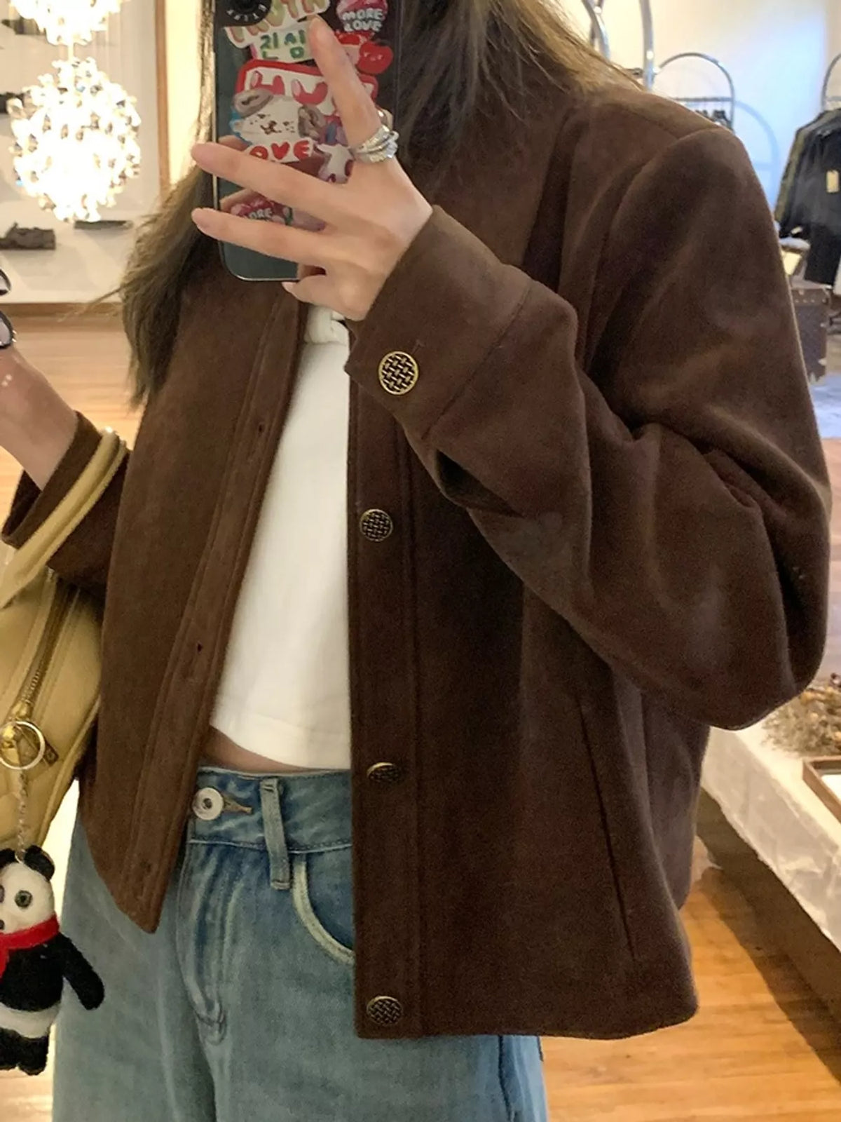Vintage Suede Button-Down Jacket in brown-lined