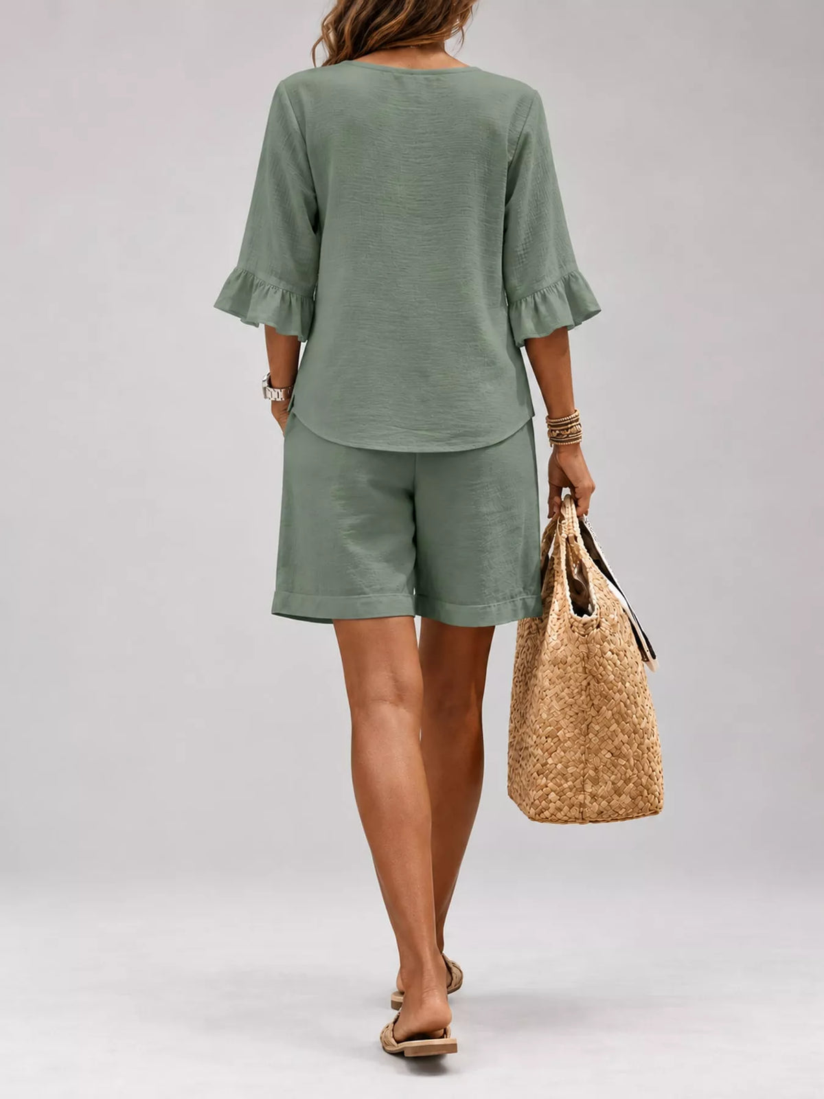 Decorative Button Blouse and Shorts Set, back view in green
