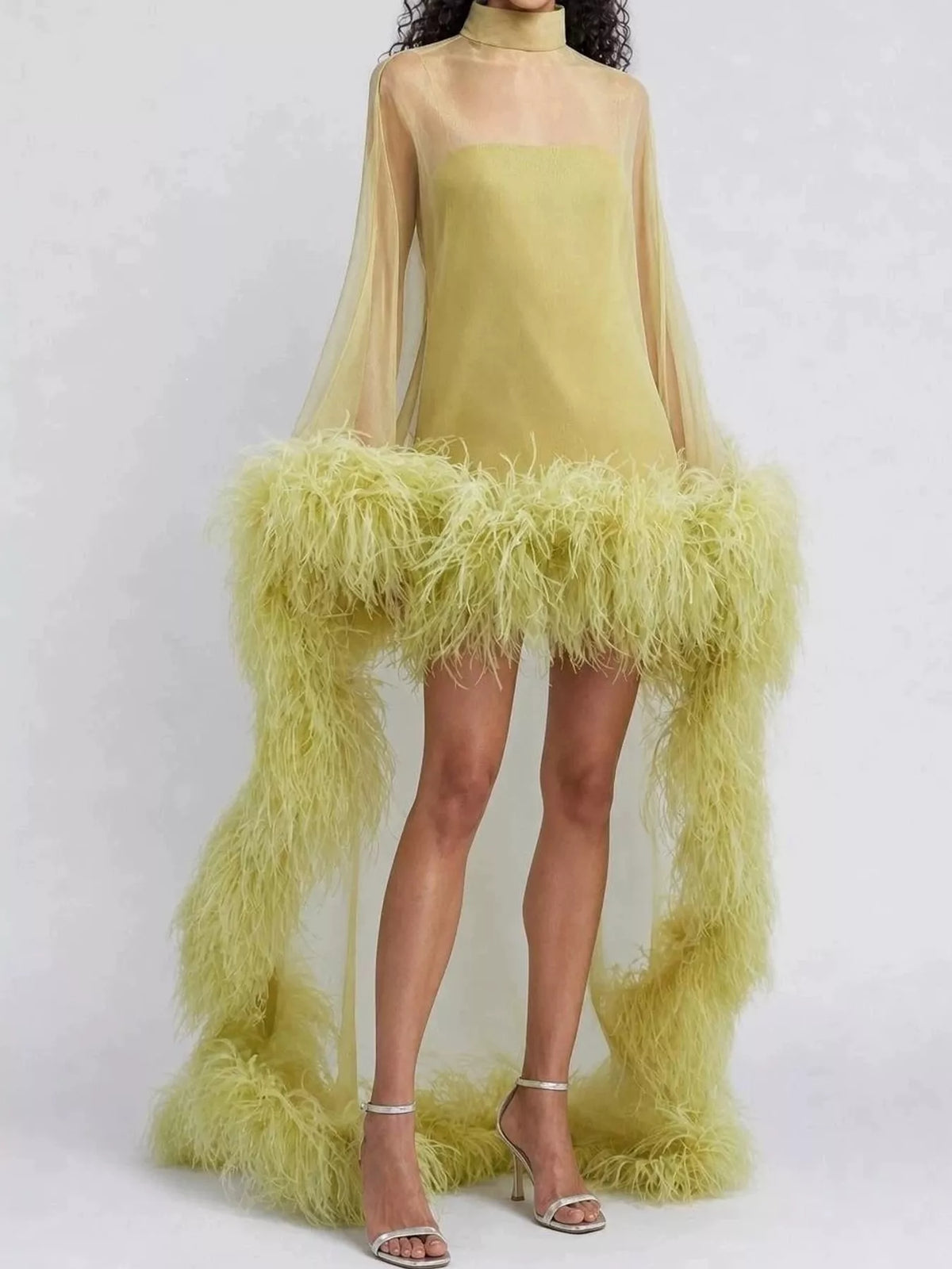 Green feather-trimmed sheer mock neck mini dress