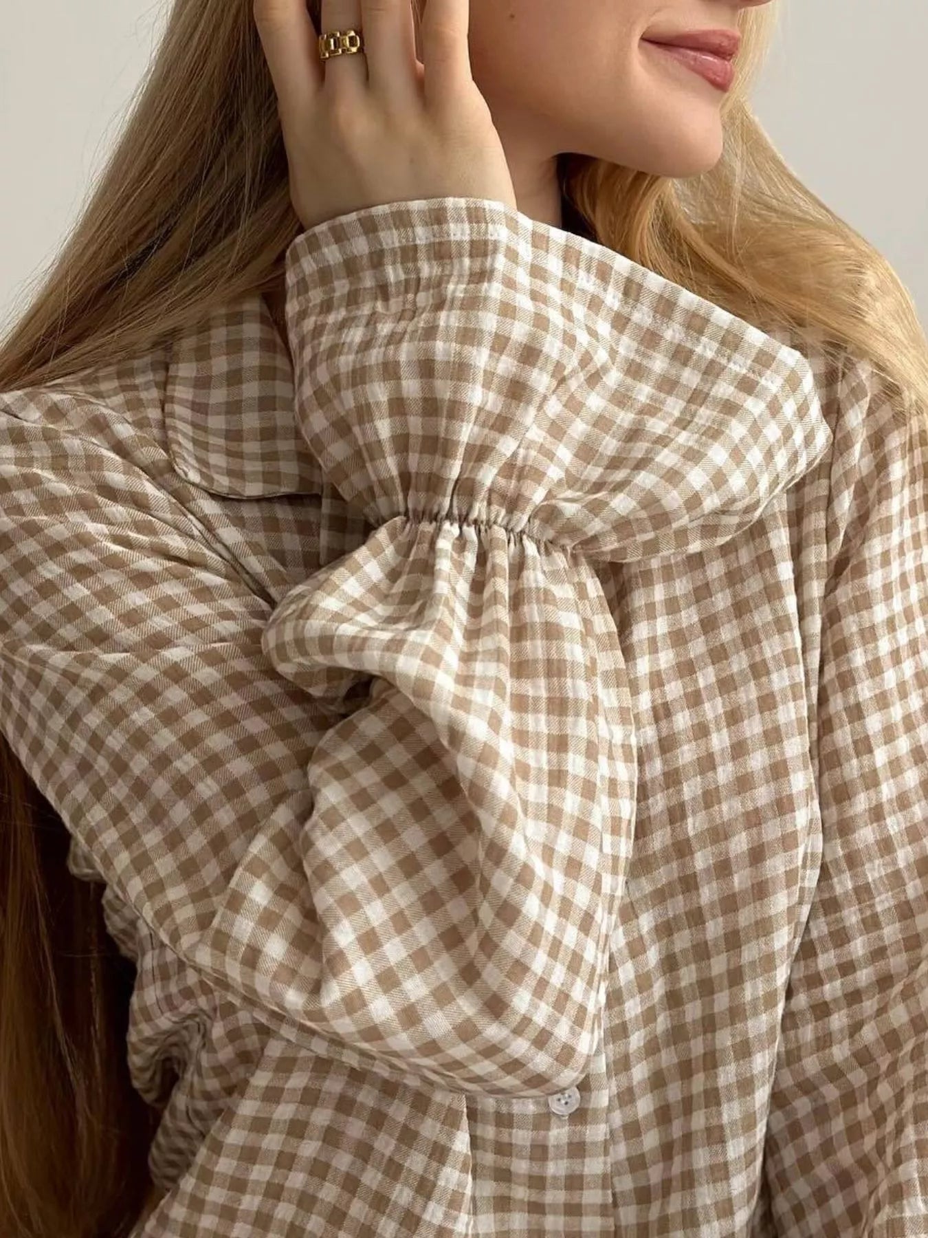 Trendsi Gingham Ruffle-Trim Top and Pants Lounge Set -
