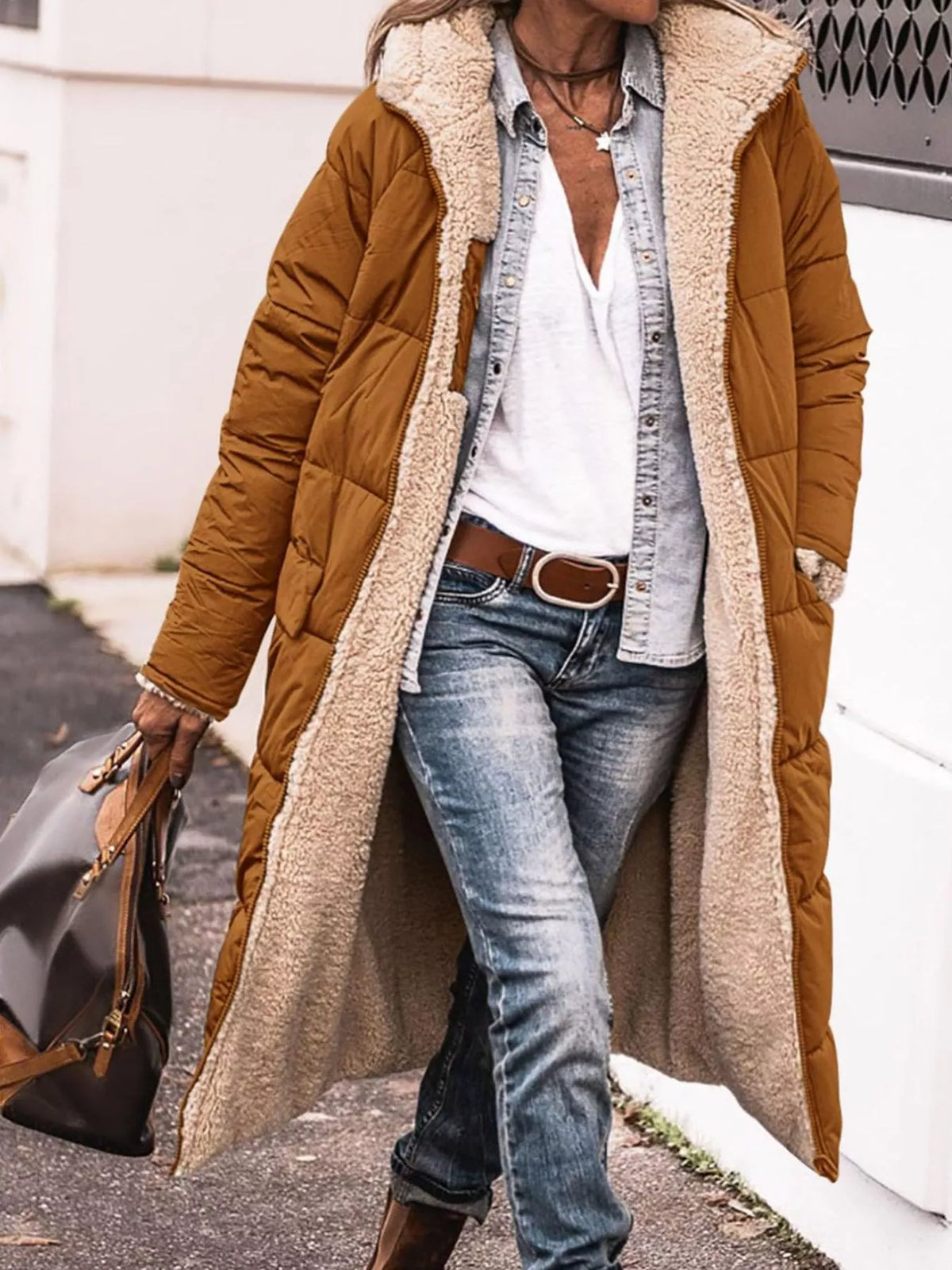 Camel longline sherpa-lined hooded puffer coat