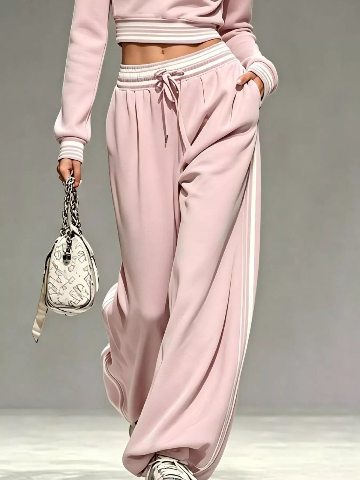 Pink half-zip crop top and pants set, pants detail
