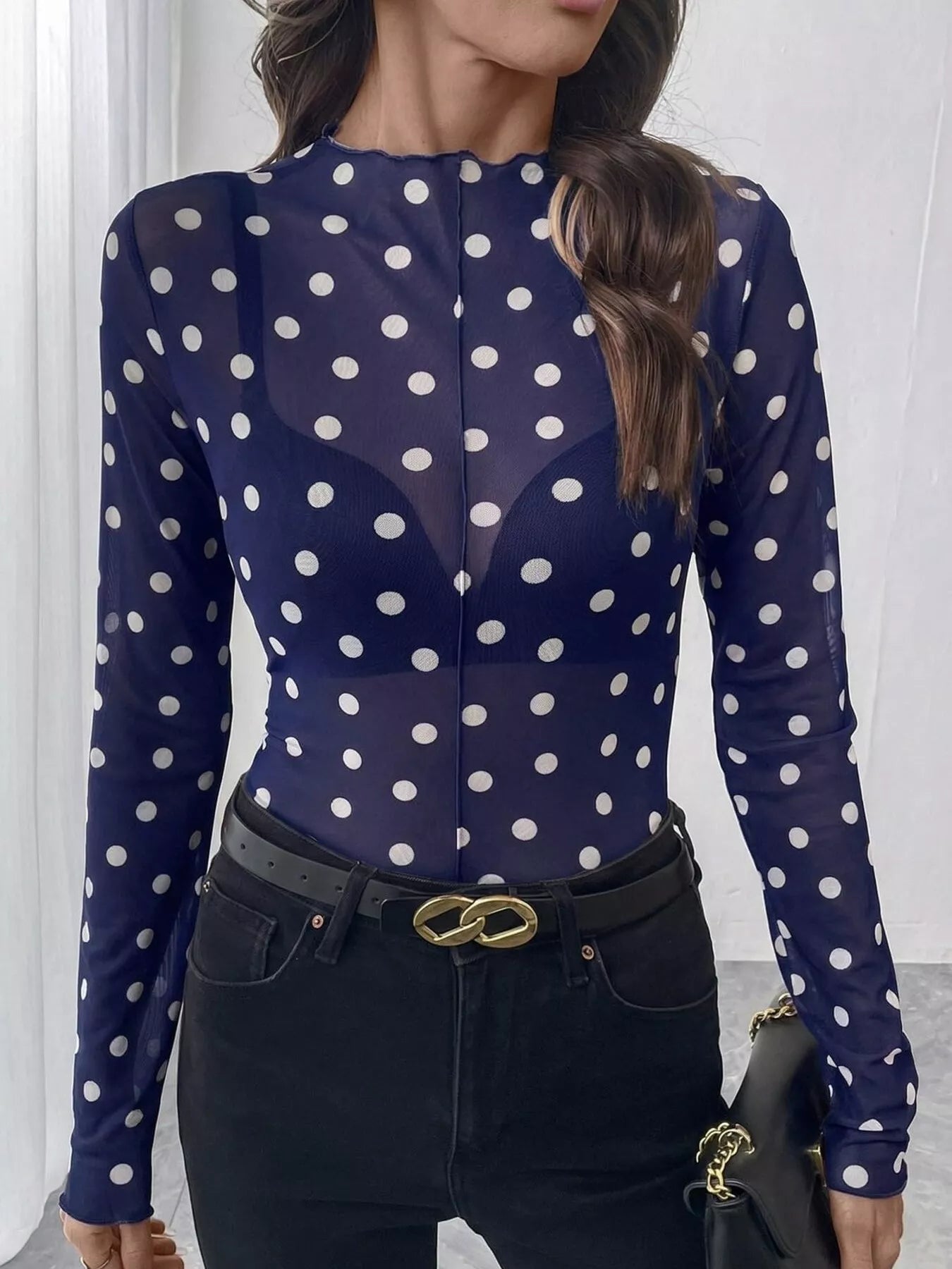 Trendsi Sheer Polka Dot Long Sleeve Mock Neck Top -