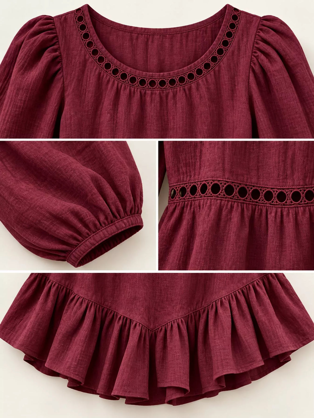 Women's Long Sleeve Blouse with Eyelet Lace Trim and Ruffled Hem in burgundy — detail collage view