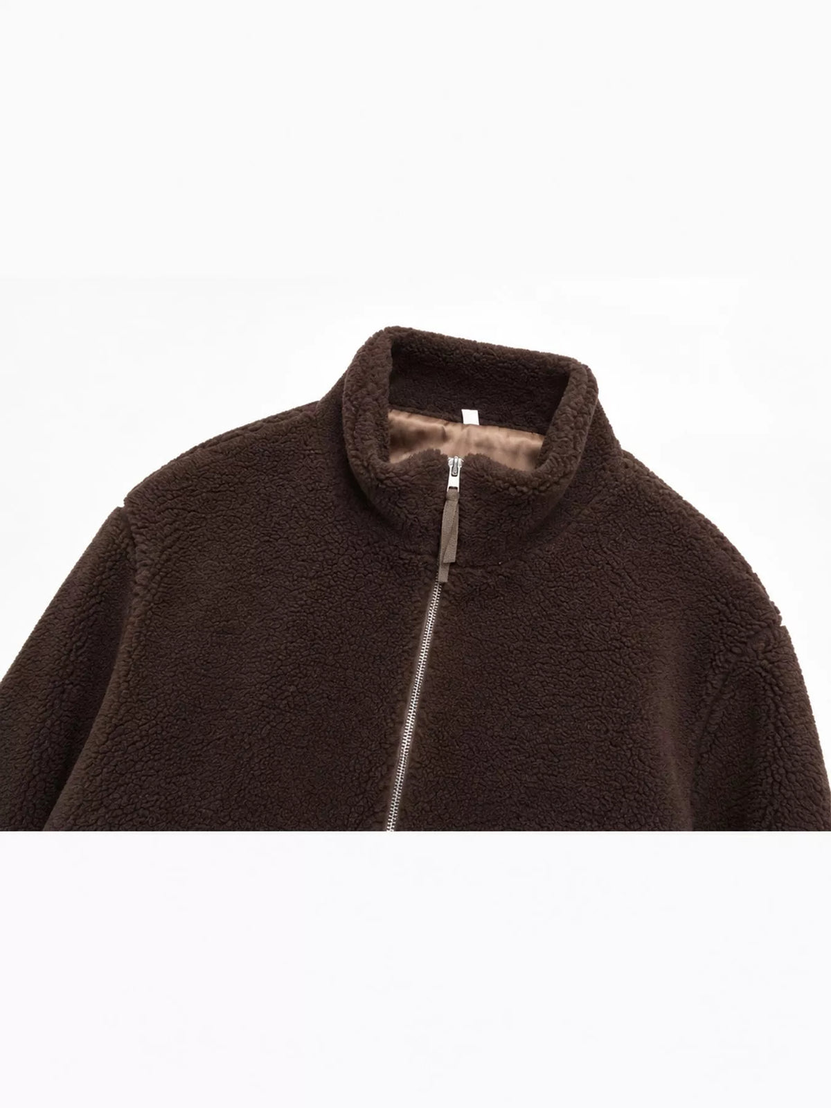 Brown oversized sherpa fleece zip-up jacket