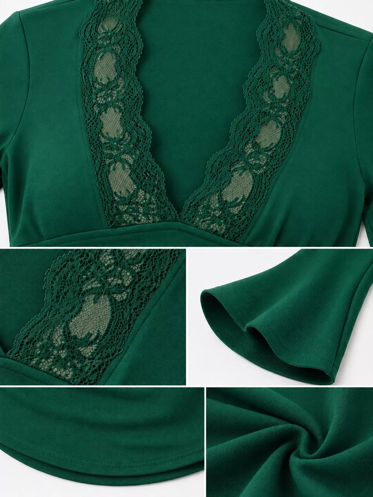 Dark Green lace trim v-neck long sleeve slim fit t-shirt