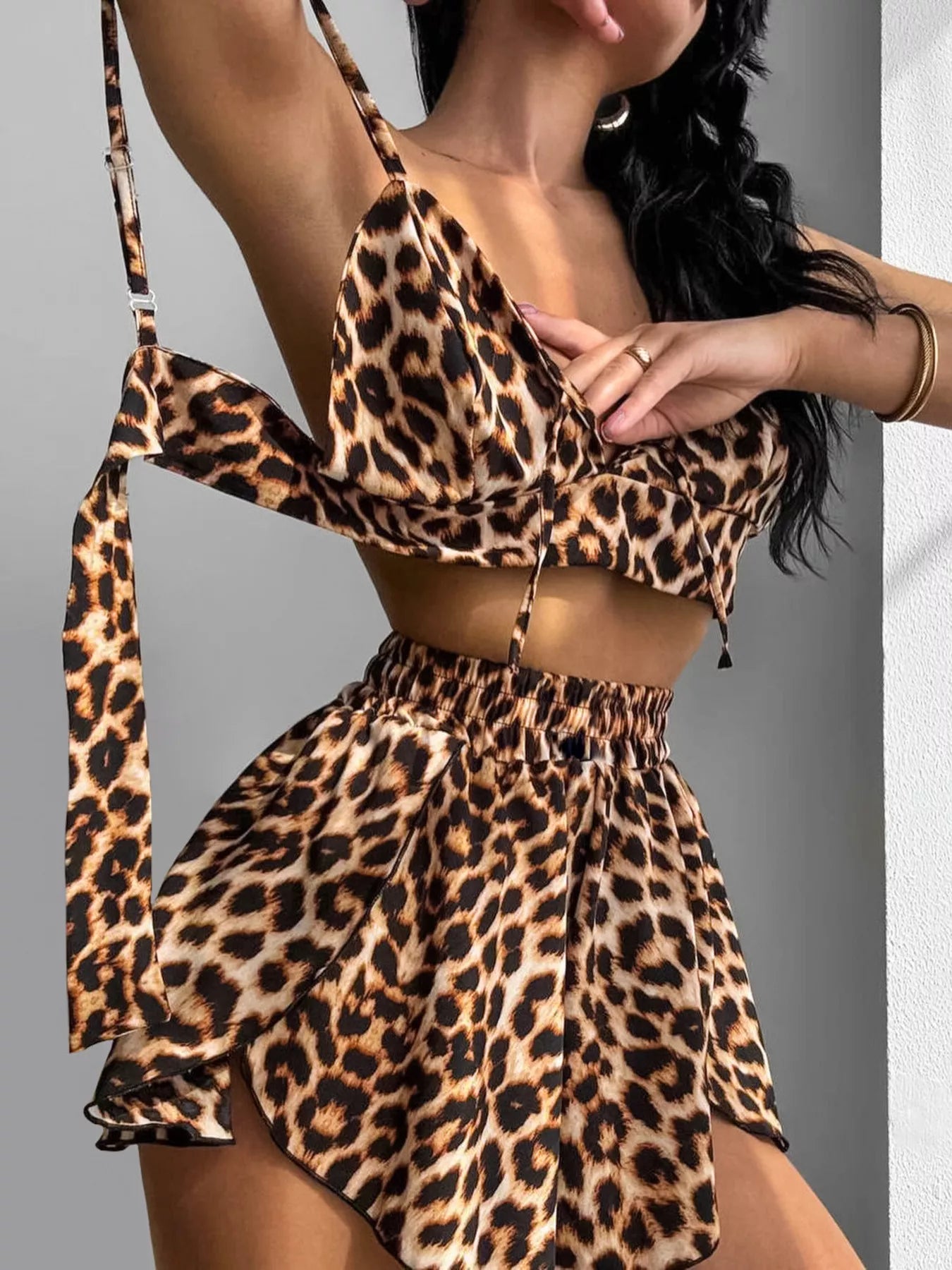 Trendsi Leopard Cami & Cardigan and Shorts Three-Piece Lounge Set -
