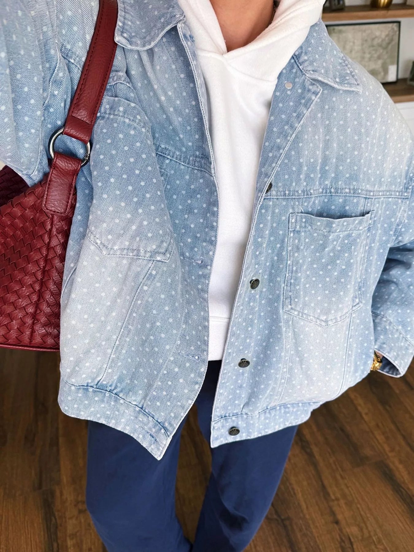 Trendsi Polka Dot Long Sleeve Collar Pocket Casual Shift Silhouette Denim Jacket -