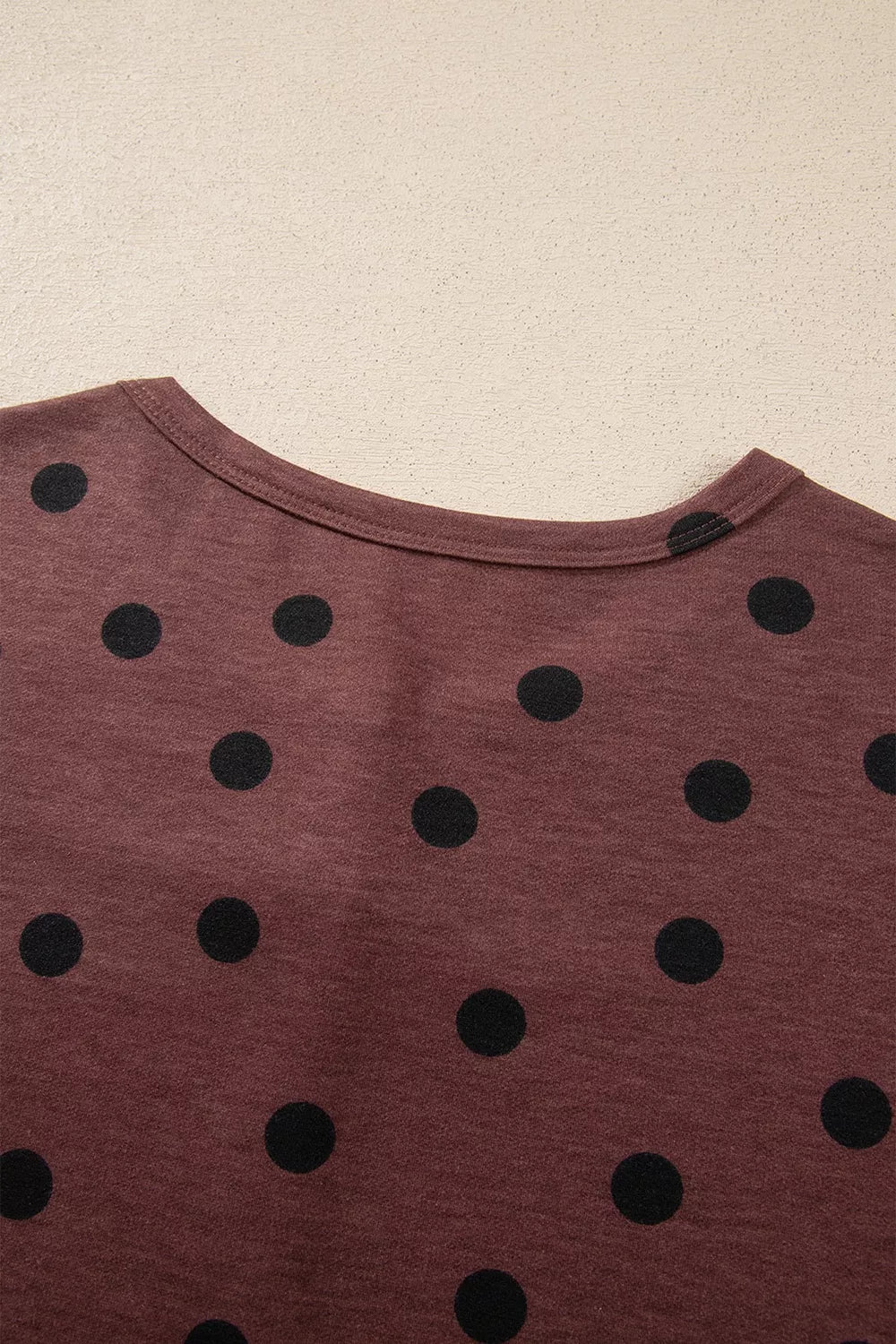 Polka Dot Button Front Long Sleeve Shirt in brown, back neckline detail