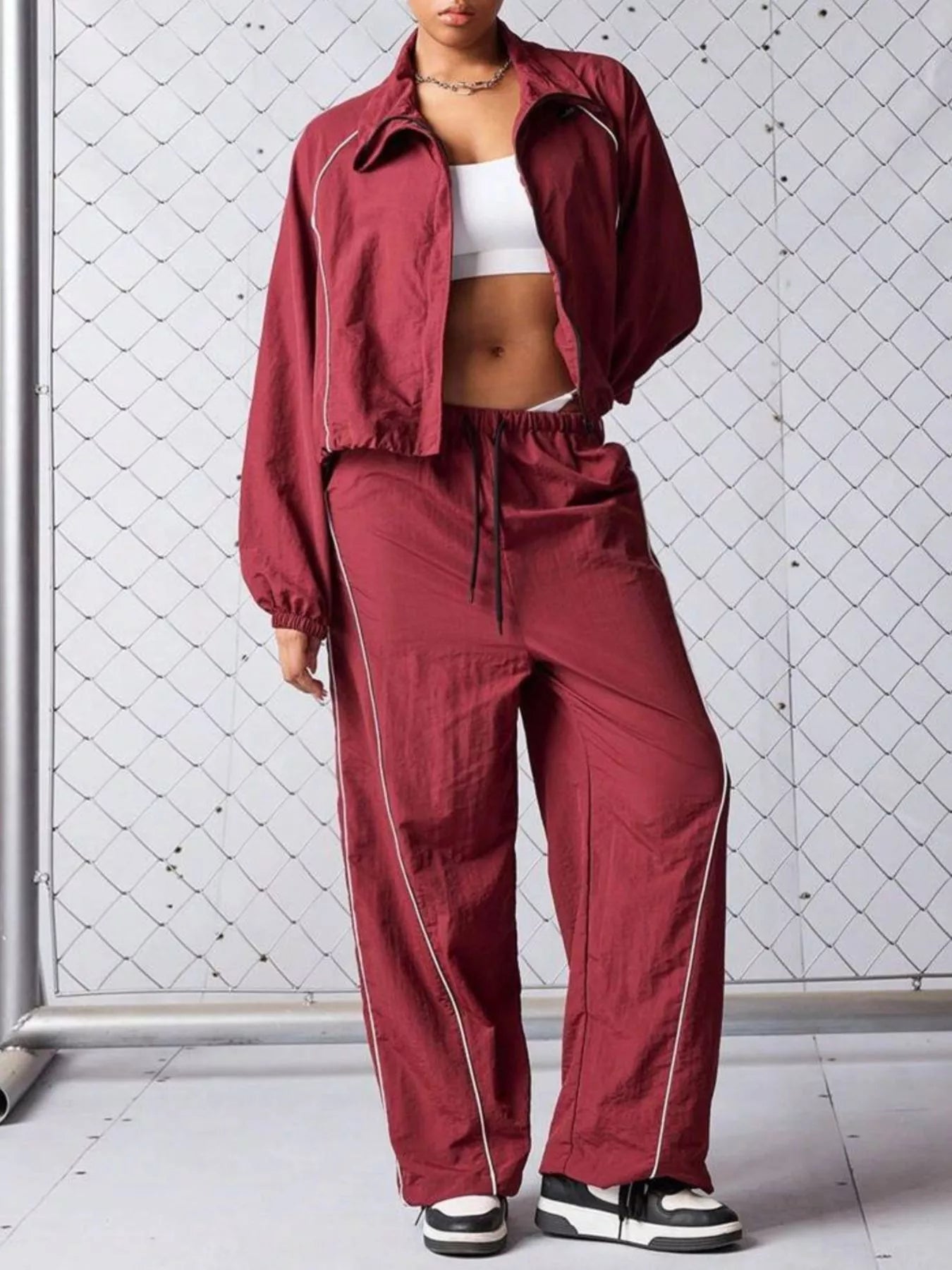 Trendsi Crop Jacket and Wide-Leg Pants Set -