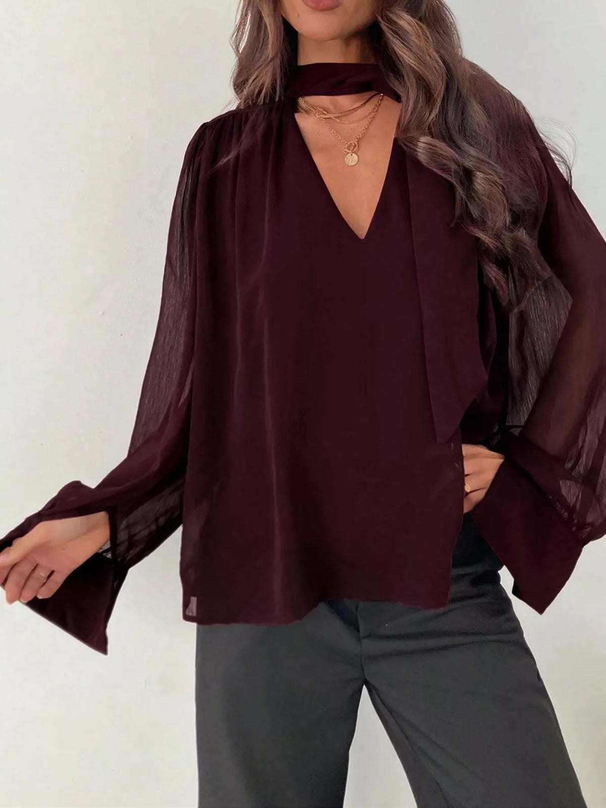 V-Neck Long Sleeve Chiffon Blouse in magenta