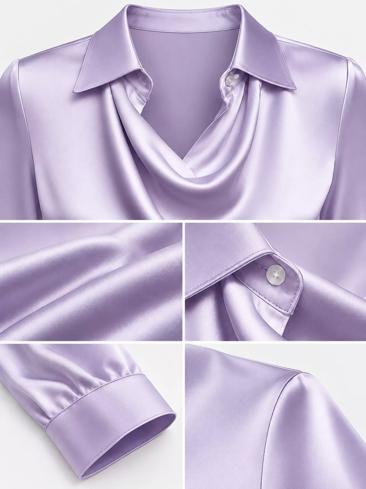Lavender satin cowl neck blouse, detail view