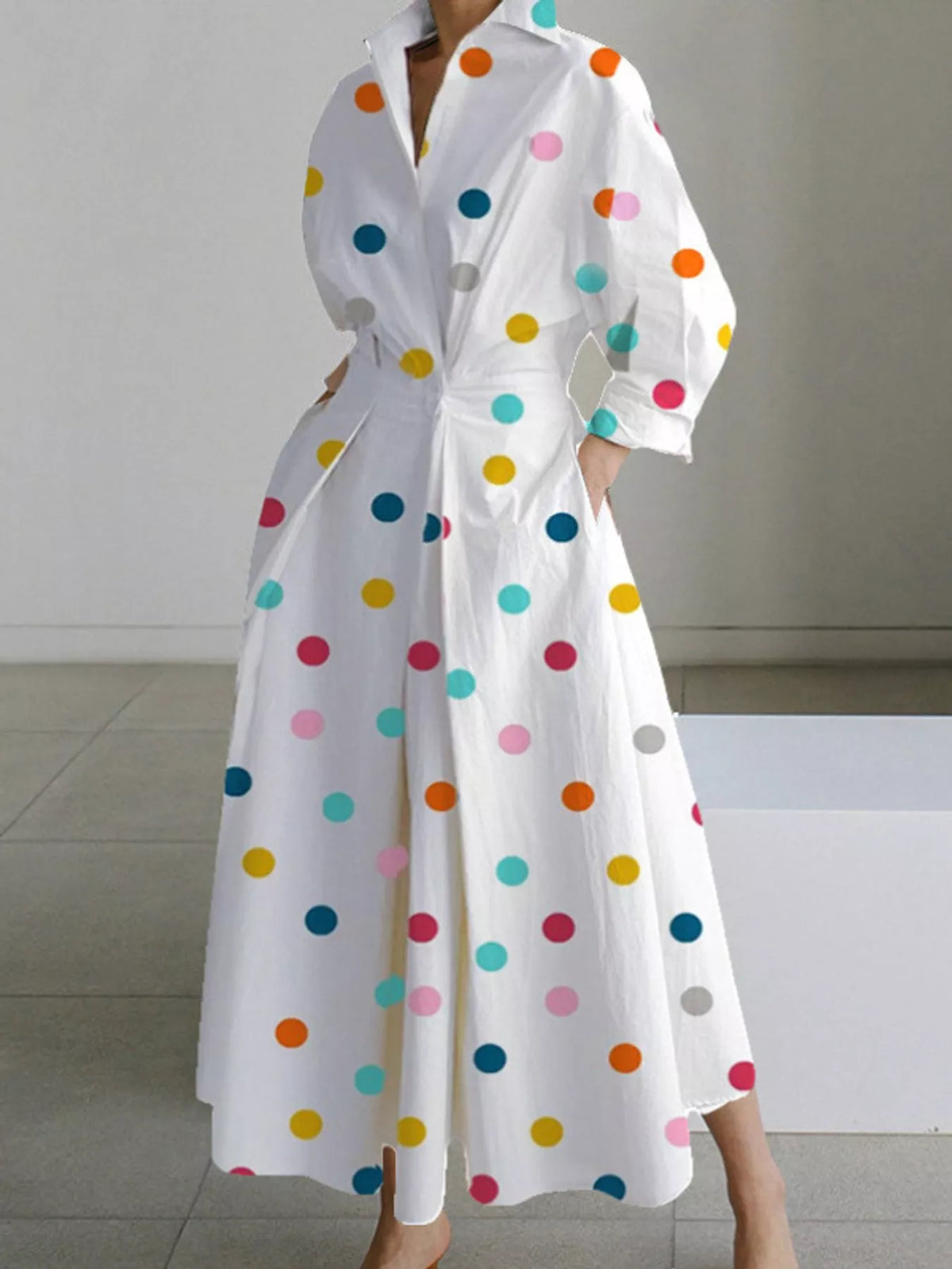 Collared Three-Quarter Sleeve Midi Shirt Dress — front view