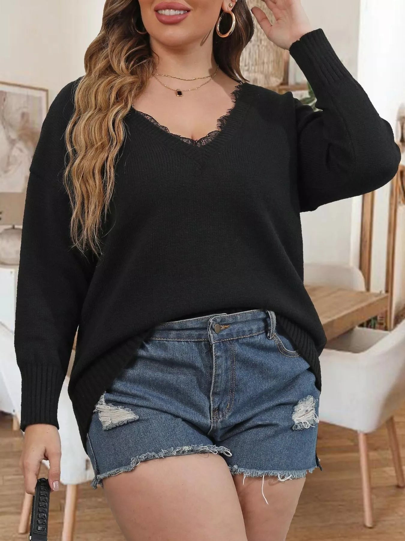 Trendsi Plus Size Lace Trim V-Neck Sweater -