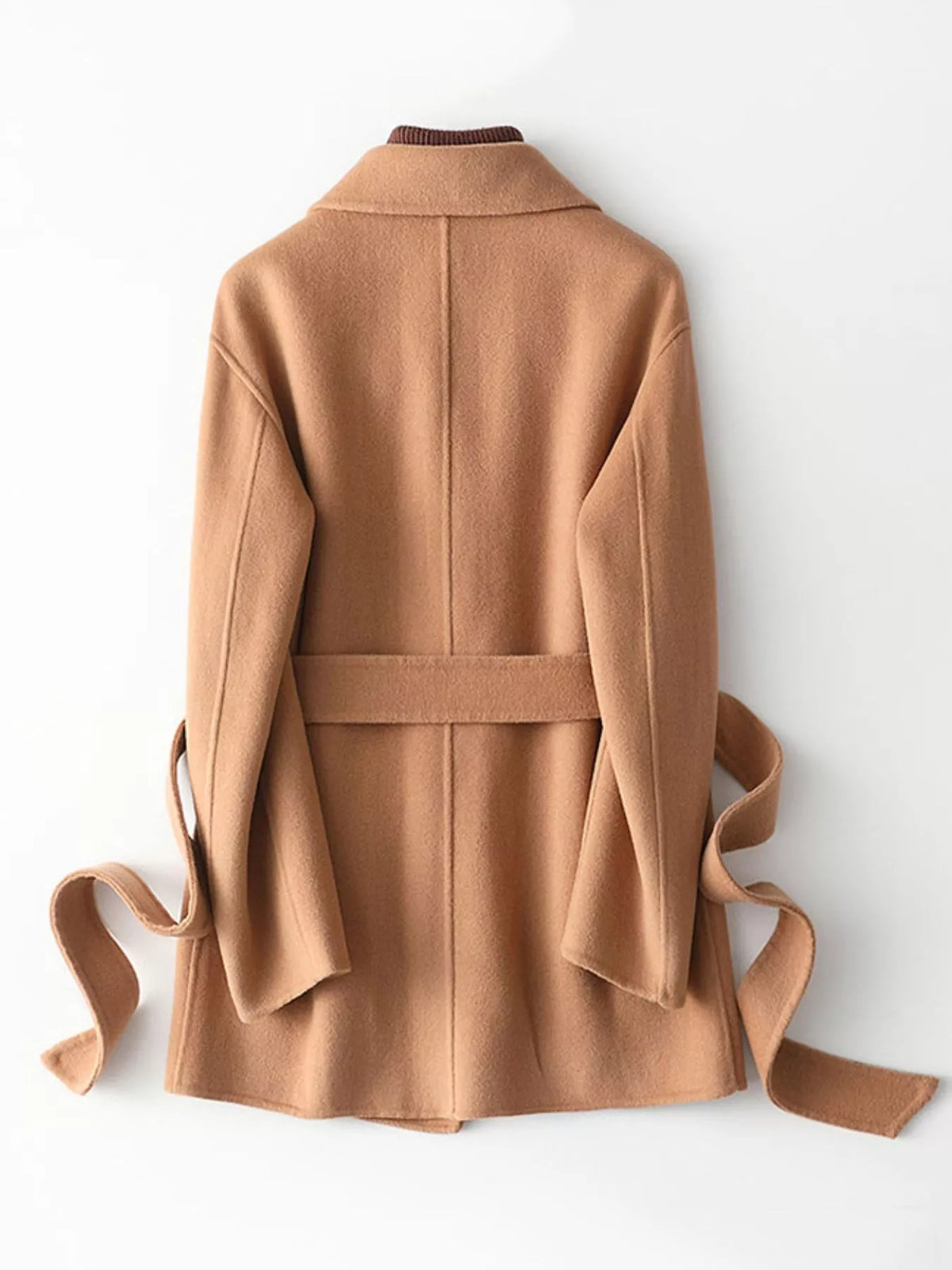Camel belted double-sided wool coat, back view