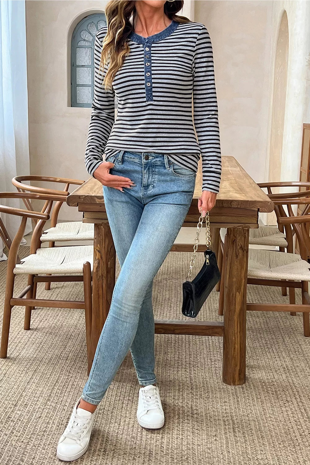 Trendsi Stripe Denim Contrast Collar Half Button Long Sleeve Top -