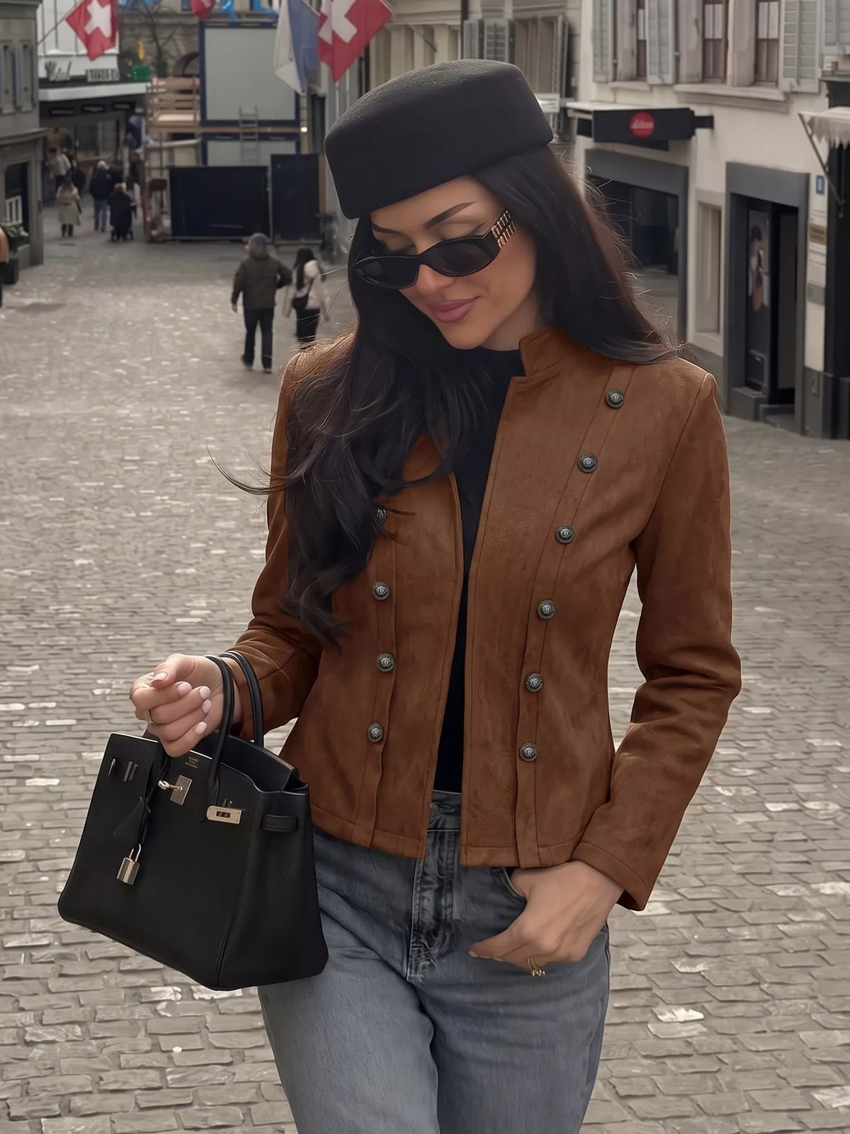 Brown stand collar cropped jacket with decorative buttons, full styled view