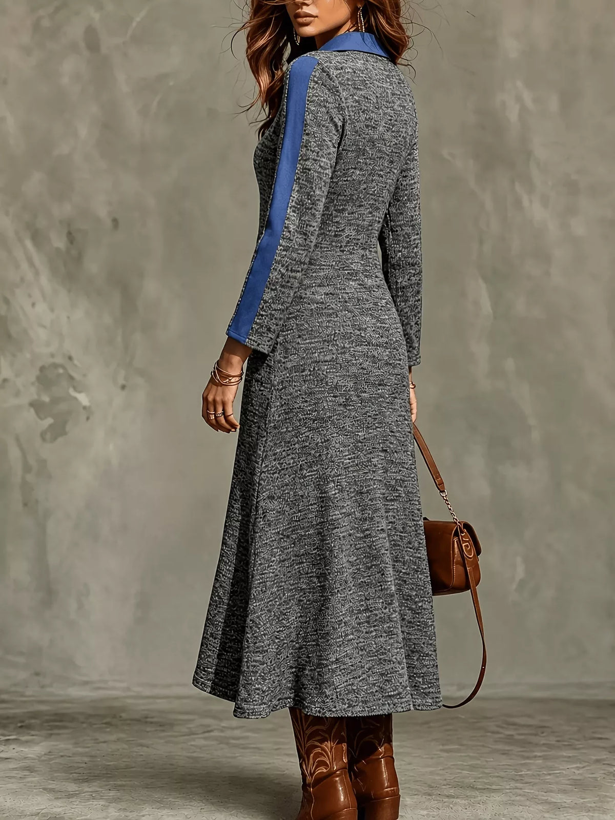 Colorblock Polo Collar Long Sleeve Sweater Dress — back view