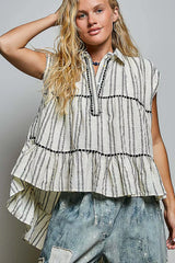 Trendsi POL Striped Ruffle Collared Sleeveless Cotton Top -