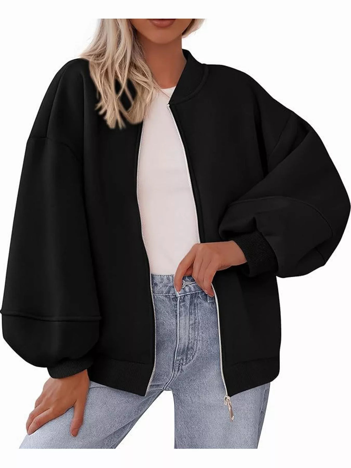 Black oversized zip-up jacket — front view