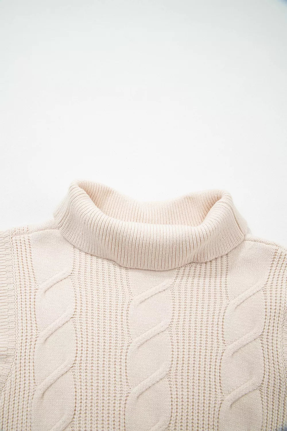 Trendsi Cable Knit Turtleneck Ruffled Short Sleeve Sweater -