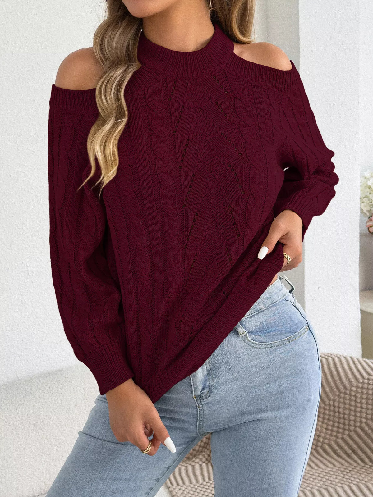 Cold Shoulder Cable Knit Sweater in burgundy, front view