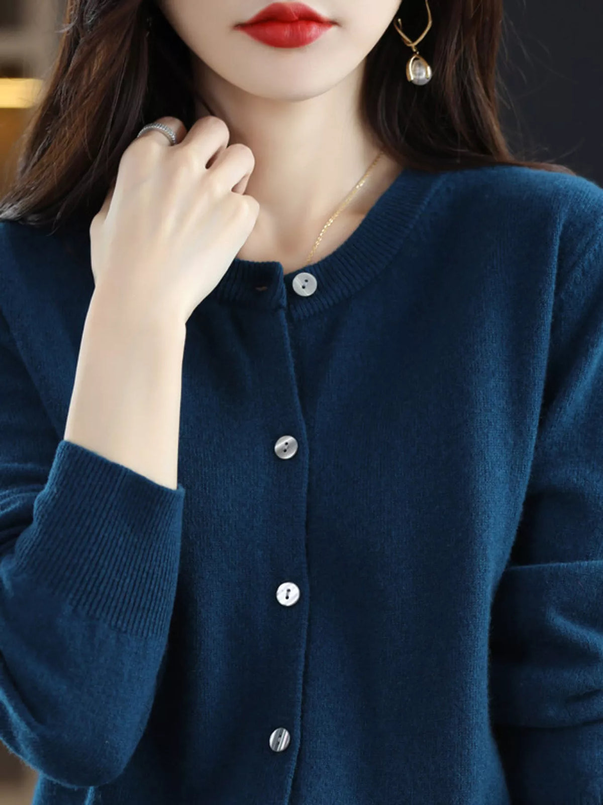 Dark blue crew neck button-front cardigan