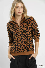 Trendsi Umgee Leopard Print Quarter-Zip Sweatshirt -