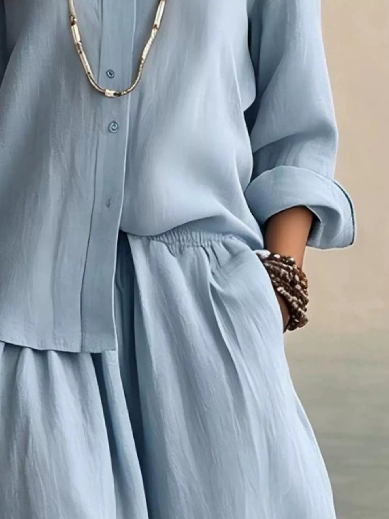 Trendsi Full Size Button Up Shirt and Wide-Leg Pants Set Plus Size -