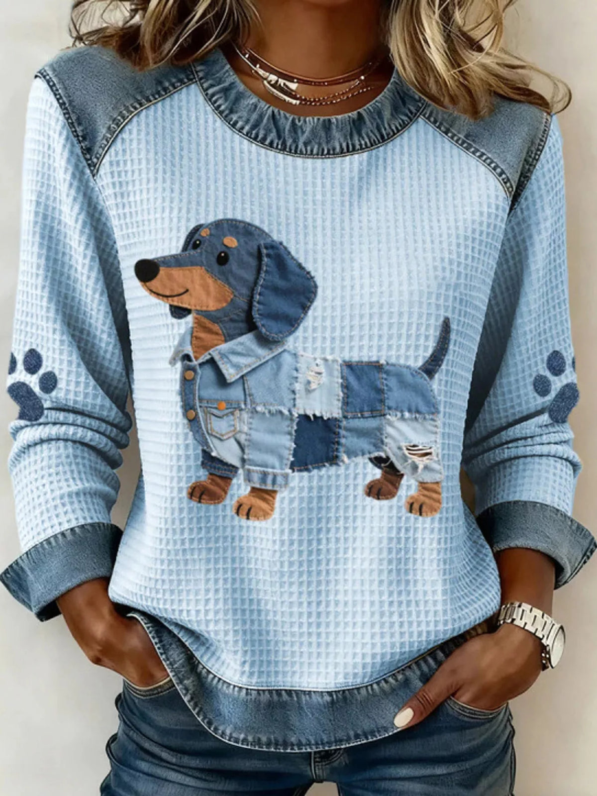 Pastel Blue dog denim patchwork waffle knit sweatshirt