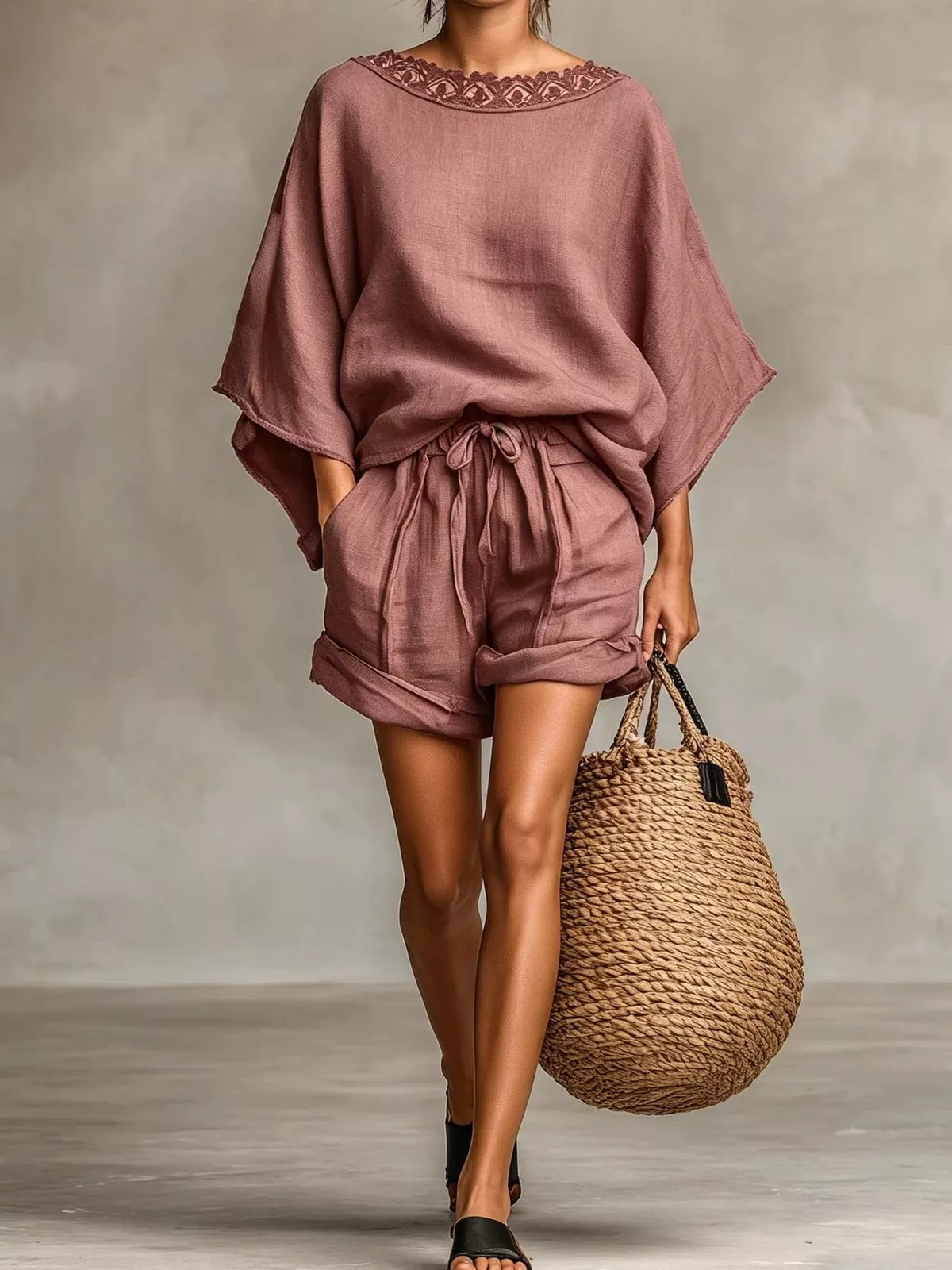 Dusty pink lace-trim top and drawstring shorts set, full set front view.