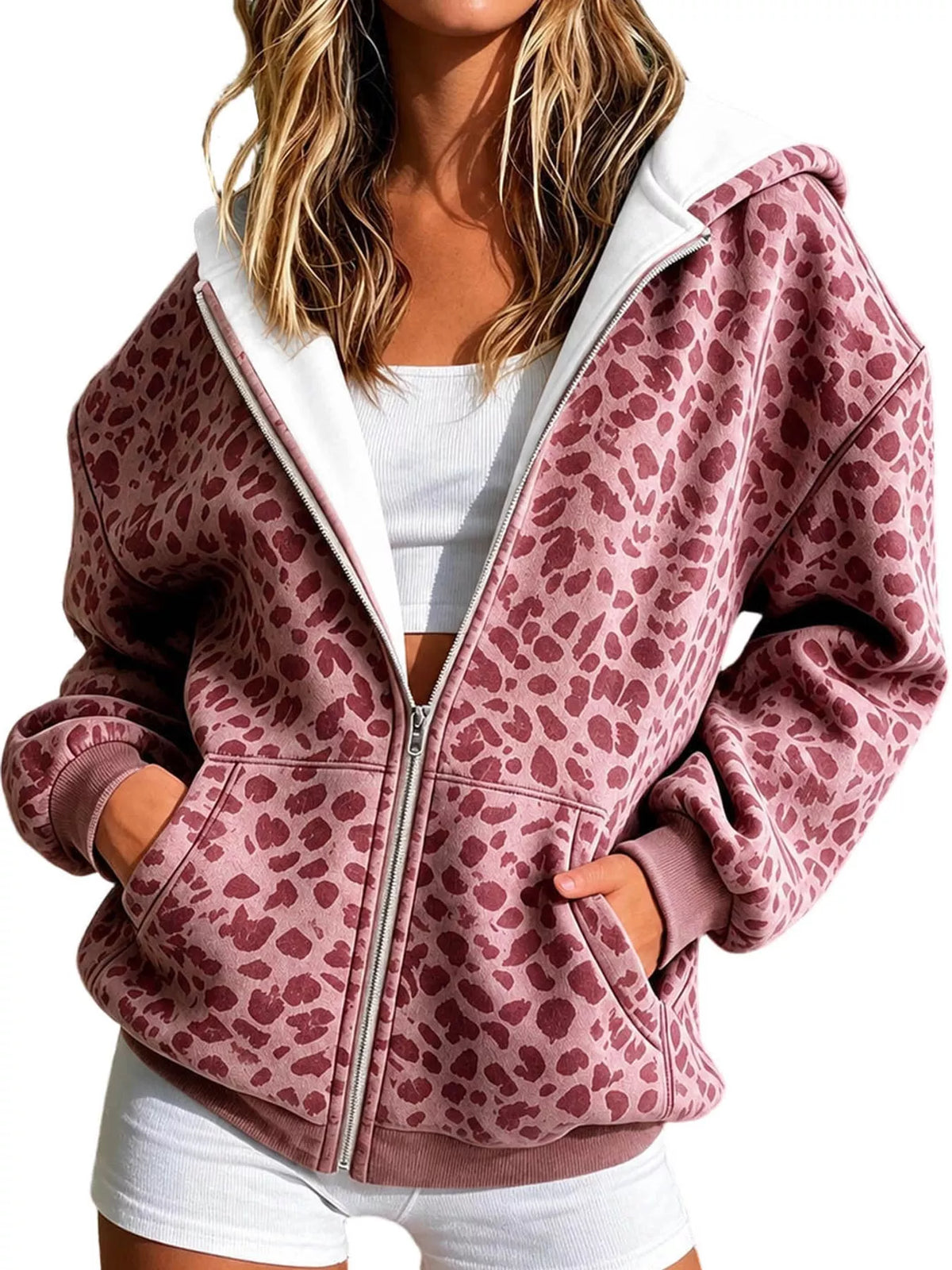 Women's Leopard Zip Up Hoodie in pink — front view