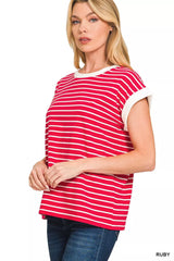Trendsi Zenana Full Size Contrast Trim Cap Sleeve Stripe Tee Plus Size -
