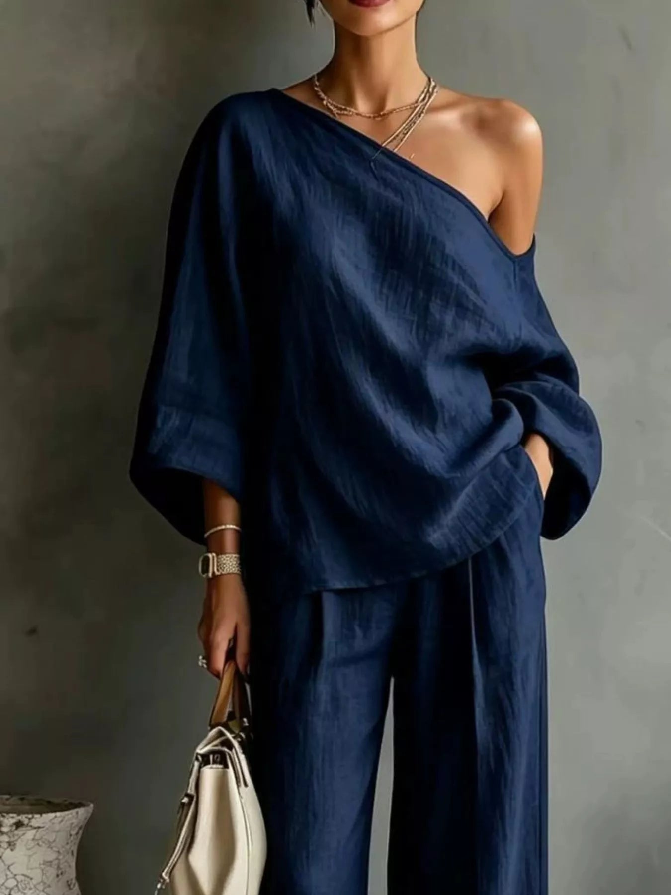 Trendsi One Shoulder Top and Wide Leg Pants Set -