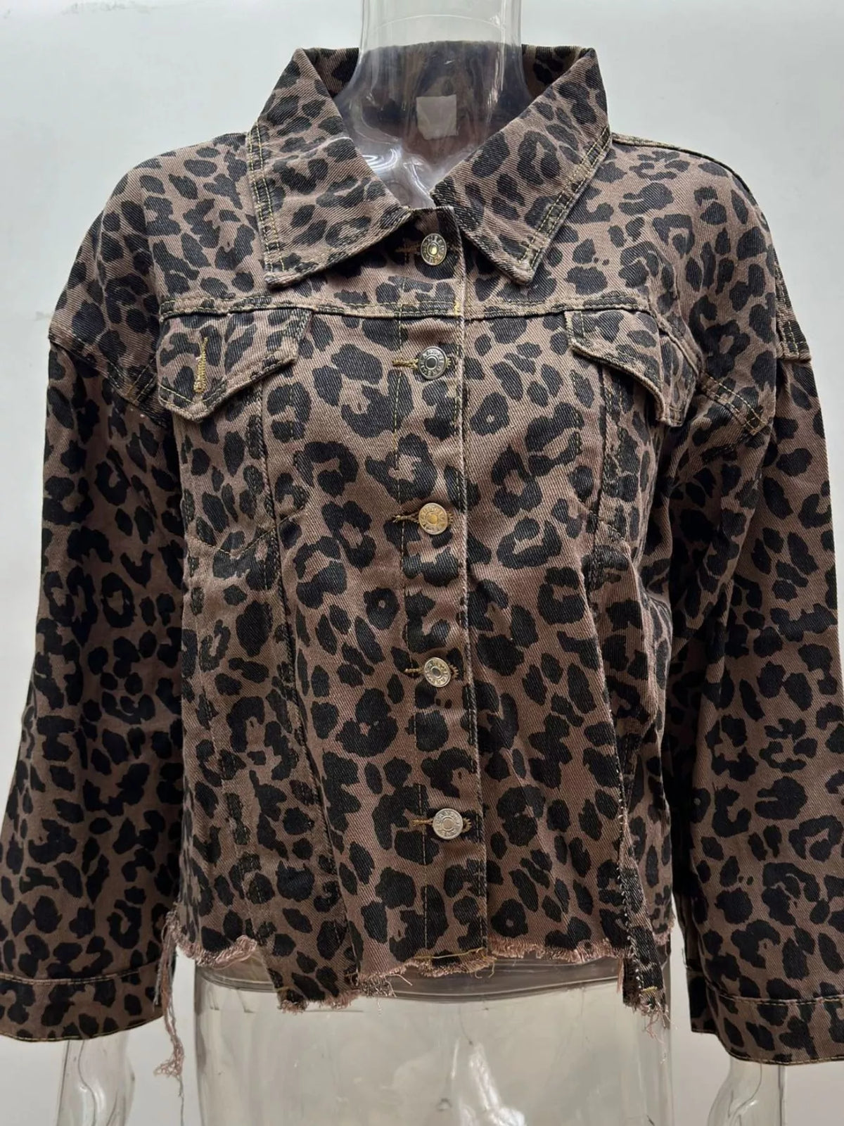 Leopard Print Raw Hem Denim Jacket in leopard print