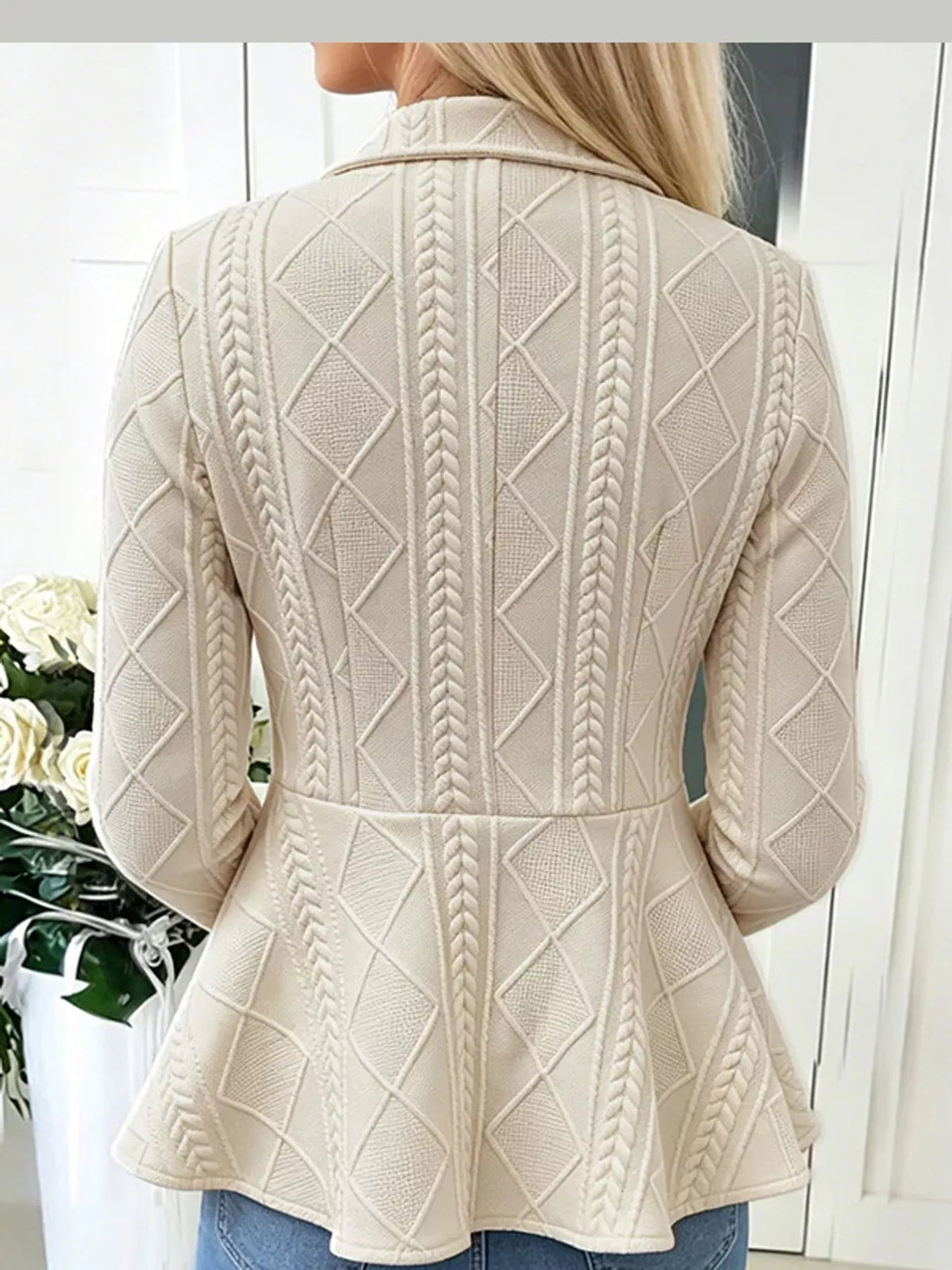 Cream cable-knit button-up cardigan — back view