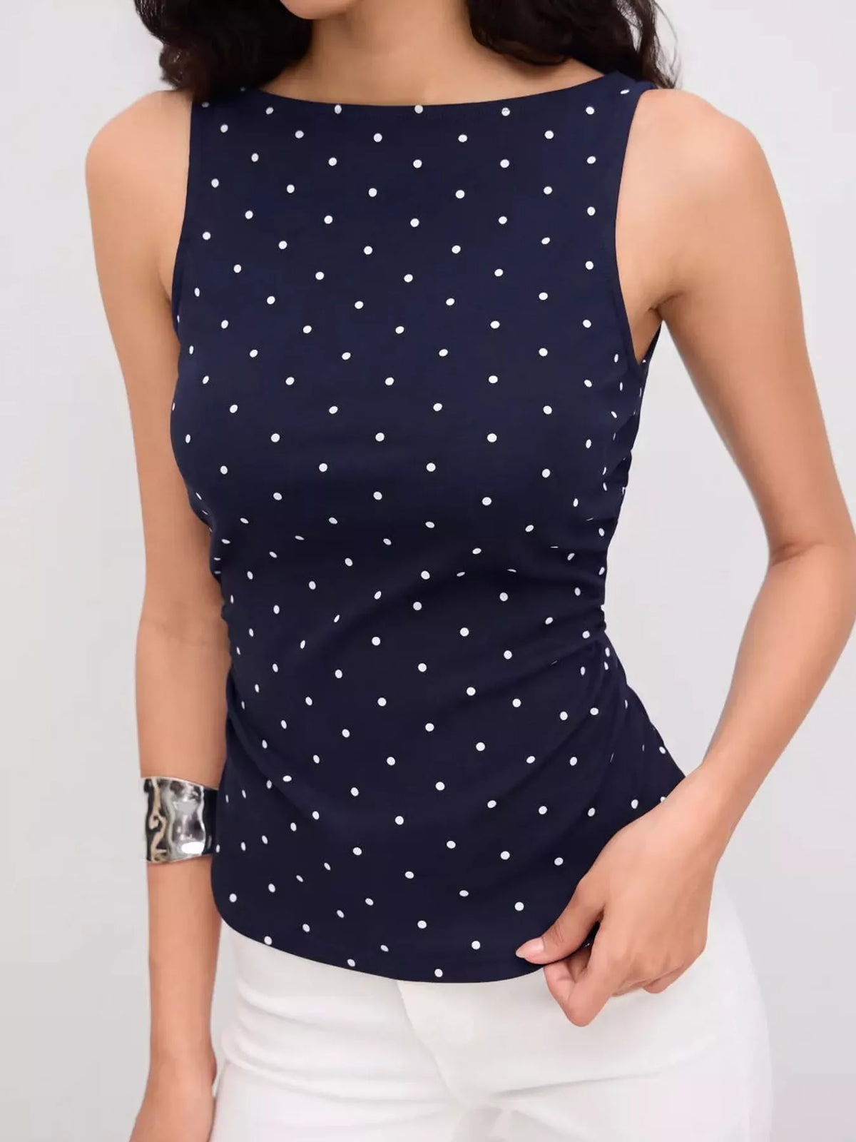 Polka Dot Print Sleeveless Tank Top with Tie Back in navy