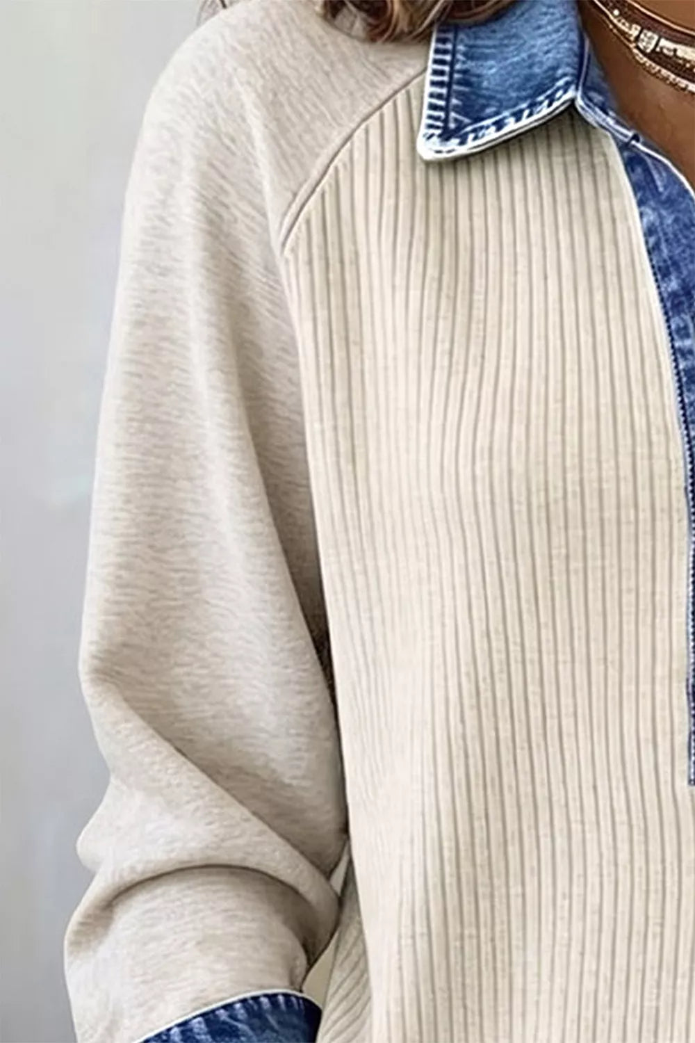 Women's Ribbed Knit Denim Contrast Trim Top in Beige, back view