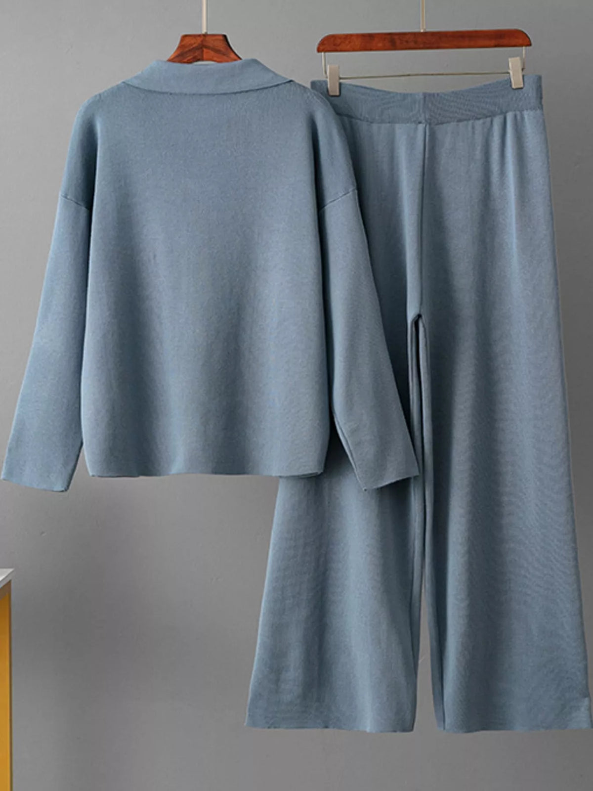 Collared Long Sleeve Knit Top and Wide-Leg Pants Sweater Set — garment back
