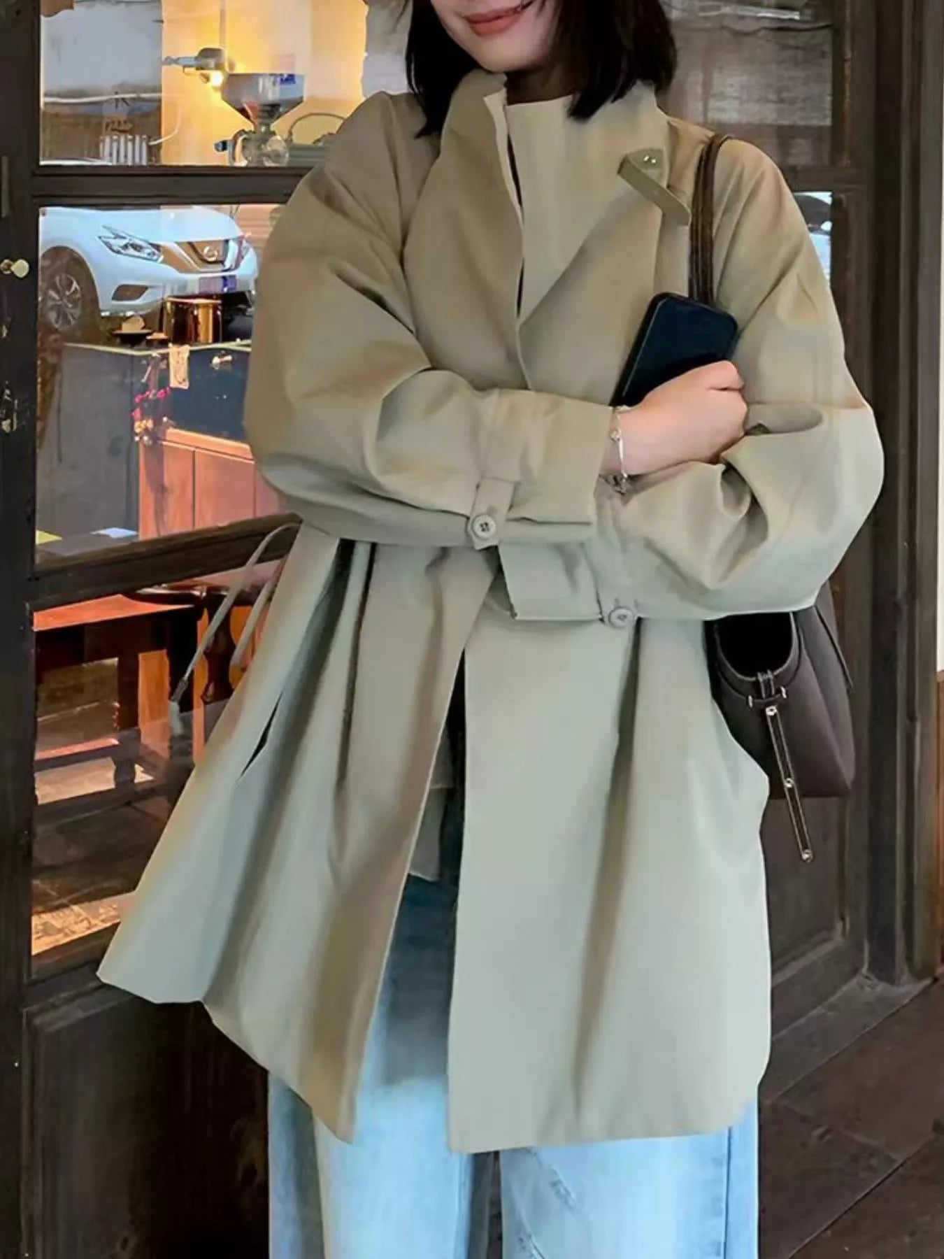 Trendsi Open Front Long Sleeve Trench Coat -