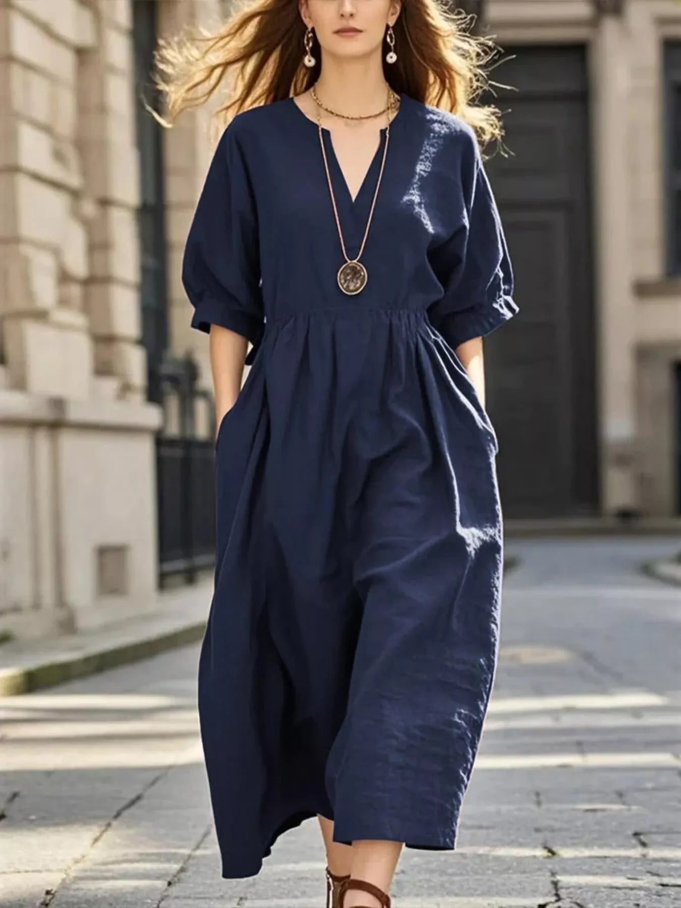 Trendsi Notched Half Sleeve Midi Dress -
