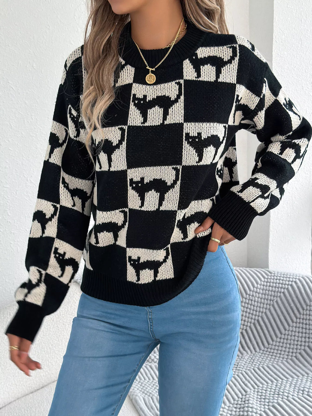 Checkerboard Halloween Graphic Sweater in black cat, front view